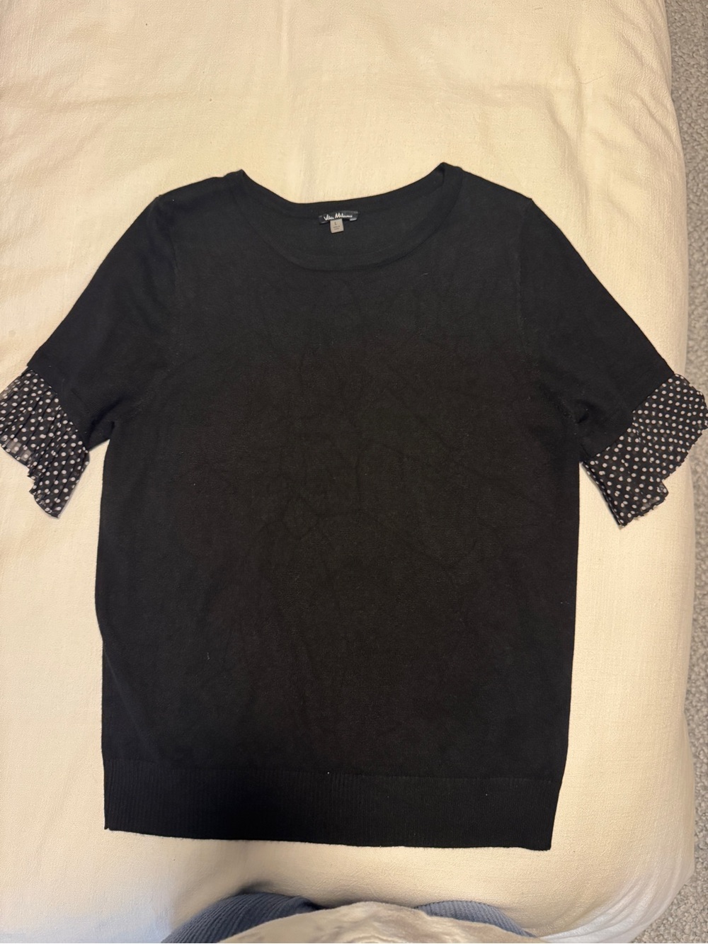 Milano Black Short-Sleeve Knit Top with Polka Dot Cuffs